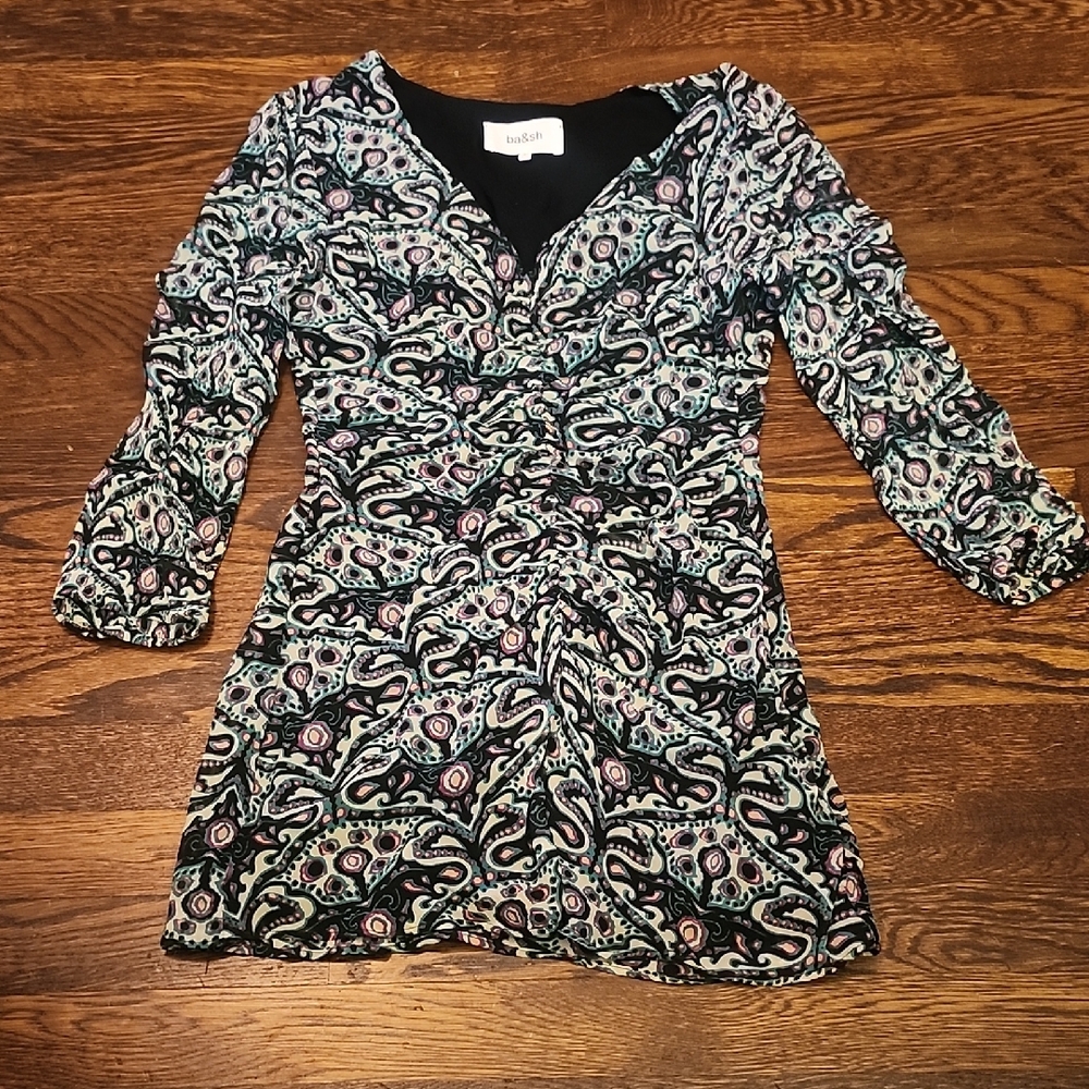 ba&sh Fanny Ruched Mini Dress Size 0 Womens Green Paisley Retro V-neck